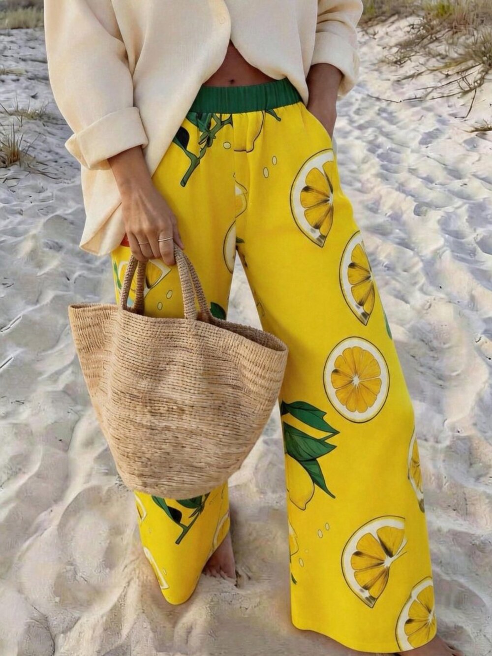 Yellow Casual Women's Lemon Print Pants